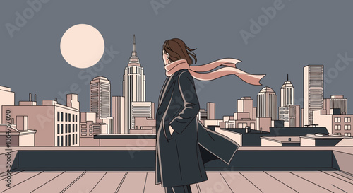 Woman on rooftop overlooking city skyline at night with moon