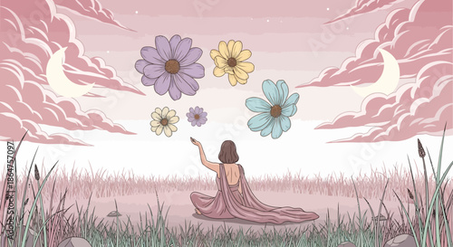Woman meditating with floating flowers under crescent moons and clouds