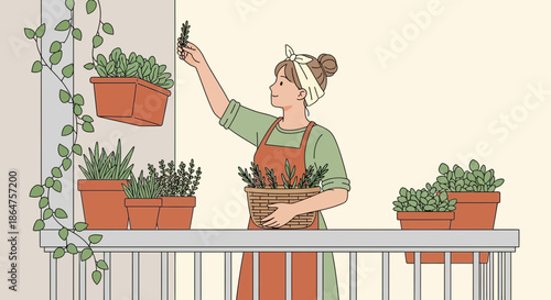 Woman tending herbs and plants on balcony, gardening, lifestyle illustration