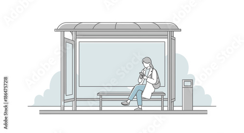 Woman waiting at bus stop, using phone, minimalist illustration