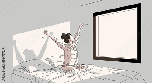 Woman waking up and stretching in bed, sunlight streaming through window.