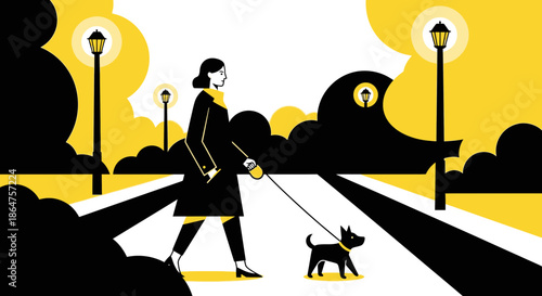 Woman walking dog in park with streetlights and yellow clouds, minimalist illustration