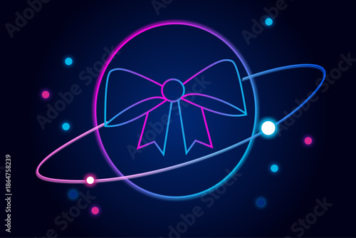 Neon glowing gift bow in orbit with cosmic particles on dark background, futuristic holiday illustration