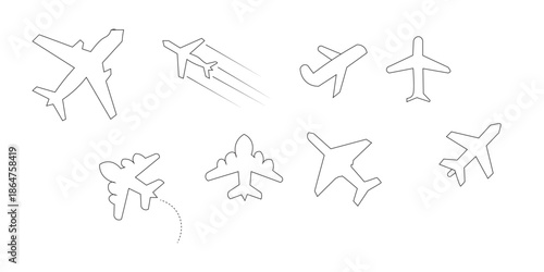 Collection of seven blurry airplane sketches in various flight positions