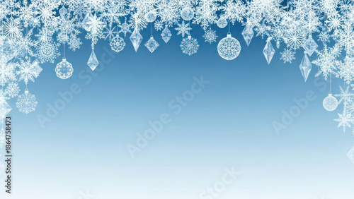 Decorative winter border with snowflakes and hanging ornaments on a blue background.