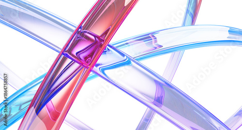 Iridescent liquid glass ribbons on light blue 3d background. Rainbow crystal glossy curved stripes, rounded transparent lines with purple red gradient. Abstract geometric tape pattern © marozhkastudio