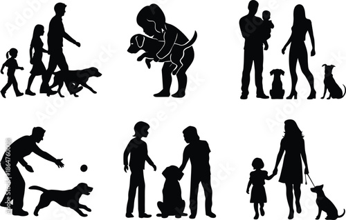 A set of black family silhouettes featuring a group of people, including a man, woman, child, and boy, in various action poses for use as a vector illustration design