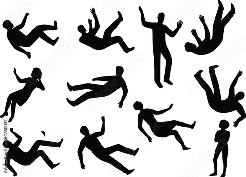 Set of black vector silhouettes illustrating people in various yoga, dance, and fitness poses including ballet dancers and athletes jumping or exercising for sports and gym training art