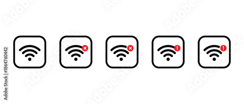 Wifi connection icon set with error and alert icon in square outline. Wireless network status, internet problem, and signal warning symbol