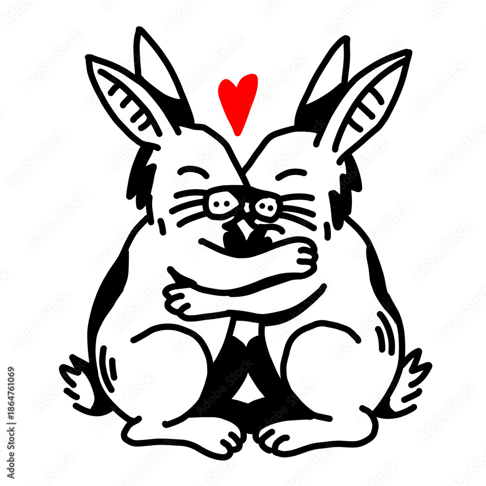 Fototapeta premium Edgy Grunge Street Art Style Two Rabbits Hugging With Heart