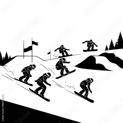 Black and white silhouette skiers skiing.