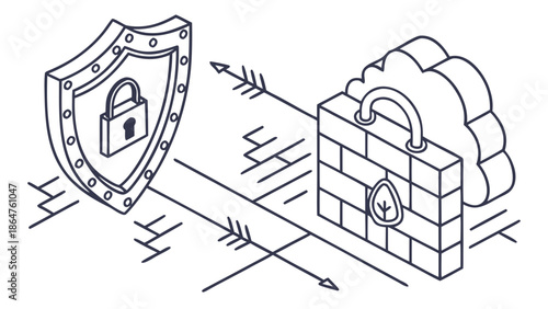 shield, lock, firewall, secure cloud, stroke style SVG