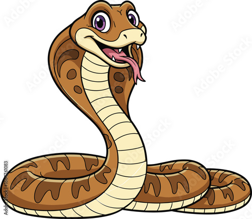 Cartoon cobra snake with wide hood, friendly expression, playful reptile icon, wildlife character design, flat vector illustration, kids style