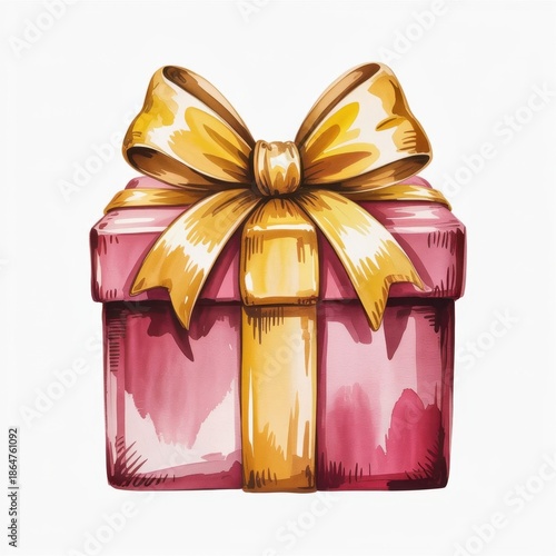 Colorful Watercolor Illustration of a Gift Box With a Yellow Ribbon on Top Against a White Background
