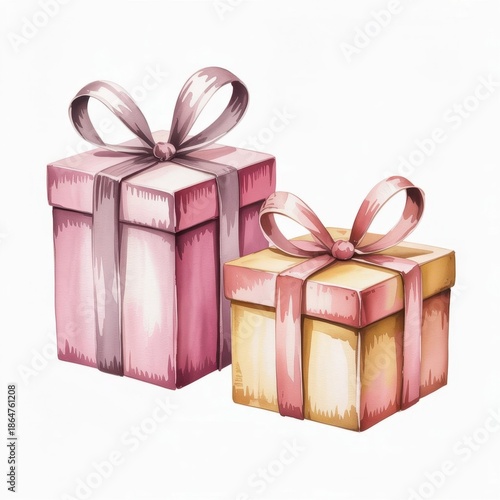 Watercolor Illustration of Two Gift Boxes With Ribbons and Bows at a Festive Setting