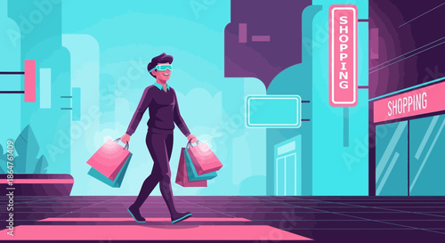 Woman walking with shopping bags in a futuristic city with neon signs