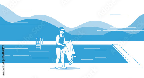 Woman with Towel by Swimming Pool, Summer Recreation, Blue Illustration