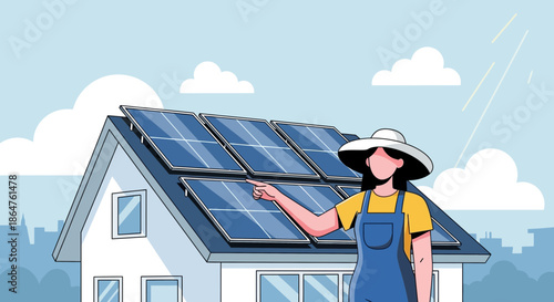 Woman with Solar Panels on House Roof, Renewable Energy Concept