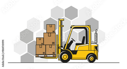 Yellow forklift truck lifting stack of cardboard boxes on pallet, industry background