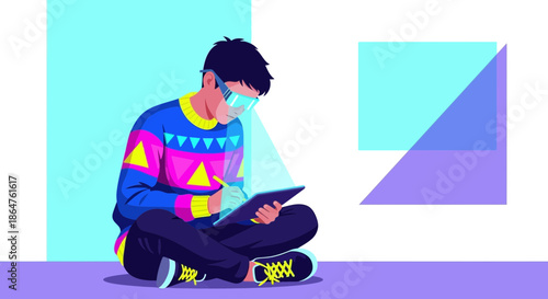 Young person using digital tablet with augmented reality glasses, creative design