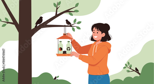 Young Woman Fills Bird Feeder with Recycled Bottles and Seeds in Garden