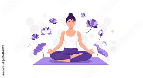 Young woman meditates sitting in lotus position with flowers for wellness concept illustration of