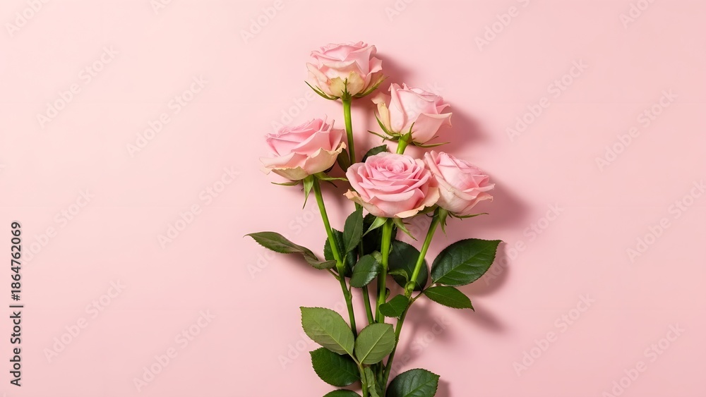Fototapeta premium Delicate Pink Roses Arrangement on a Soft Pink Background.