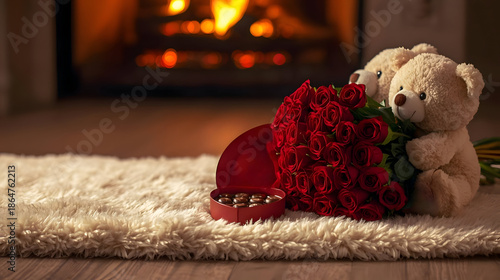 Romantic valentine composition with happy couple teddy bear holding red roses and heart shaped chocolate box on rug with copy space background