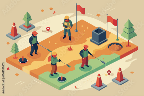 Isometric illustration of land surveyors using measuring tools and GPS equipment on a marked terrain with flags, trees and map pins