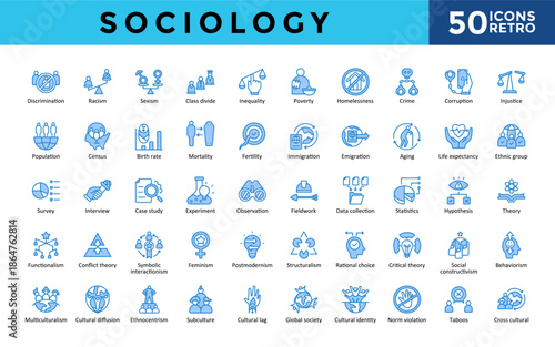 Sociology icons set with crime, corruption, injustice, population, census, birth rate, mortality, fertility icon. Simple retro blue vector 
