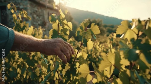A vintner's hand gently touches grape leaves in a sun-drenched vineyard, highlighting organic cultivation and harvest traditions