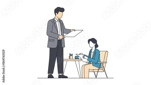 Business Meeting with Man Presenting and Woman Using a Laptop in an Office Setting