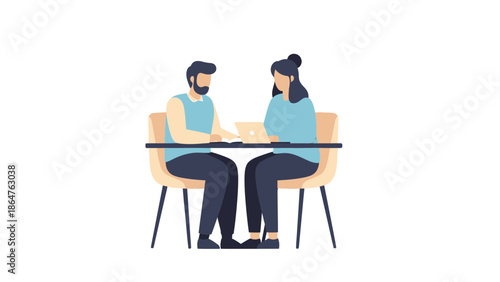 Modern digital meeting between a man and woman working on a shared project at a table illustration