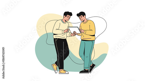 two young men sharing a tablet in a casual setting illustrating friendship or collaboration