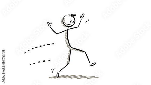 Joyful Stick Figure Dancing or Skipping Happily with Energetic Movement on Isolated White Background