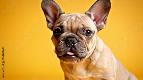 Charming Brown French Bulldog Puppy Posing Against a Bright Yellow Background in a Studio Setting with Soft Lighting and Focus on Expressive Eyes and Distinctive Wrinkles