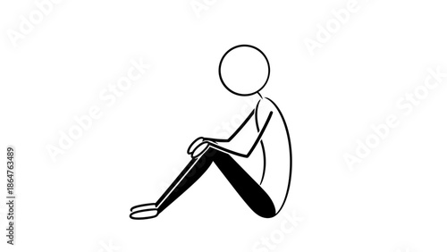 Sad Stick Figure Sitting on Ground Contemplating or Feeling Lonely on Isolated White Background