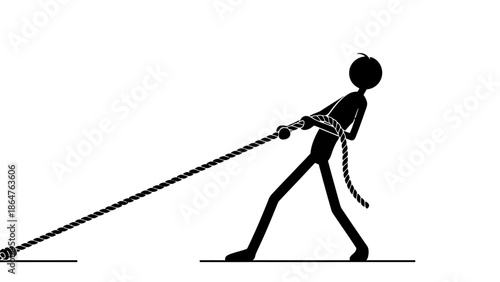 Stick Figure Man Pulling Heavy Rope from Waist, Struggling with Effort on Isolated White Background.
