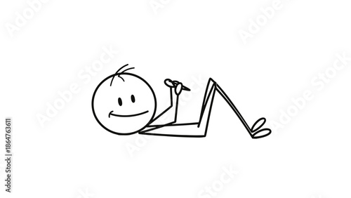 Happy Stick Figure Man Lying Down, Relaxed and Smiling, Potentially Writing or Drawing on Isolated White Background.