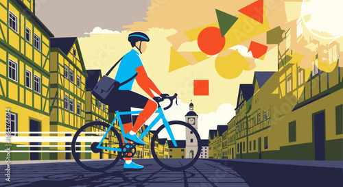 A modern cyclist, helmeted and carrying a bag, rides through a charming European city street, with abstract shapes symbolizing urban innovation and sustainable life.