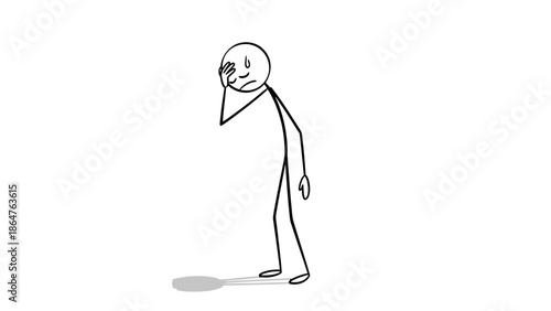 Stressed Stick Figure Man Standing with Hand on Head, Conveying Worry and Thoughtfulness on Isolated White Background.