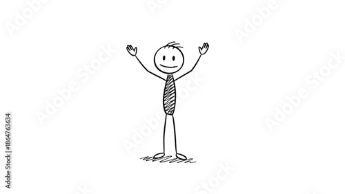 Cheerful Stick Figure Man Standing with Arms Raised in a Happy and Excited Gesture on Isolated White Background.
