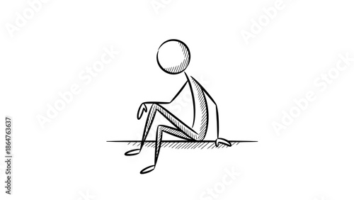 Dejected Stick Figure Man Sitting on Ground, Appearing Sad and Thoughtful on Isolated White Background.