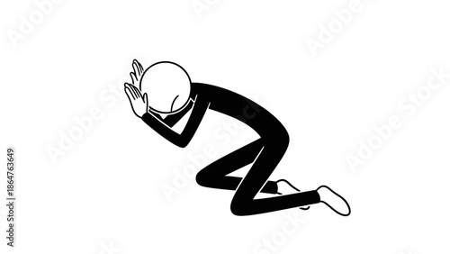Distressed Black Stick Figure Man Kneeling with Head in Hands, Conveying Stress and Despair on Isolated White Background.