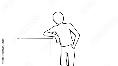 Stick Figure Man Leaning Casually Against an Invisible Surface in a Relaxed Pose on Isolated White Background.