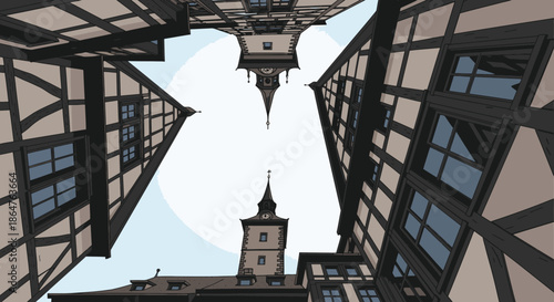 The image depicts a surreal, low-angle perspective of traditional European half-timbered buildings surrounding a central spire, creating an abstract architectural reflection.