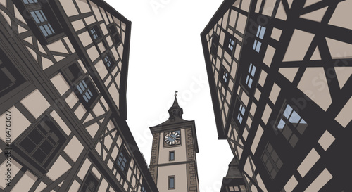 Looking up at a historic clock tower framed by traditional half-timbered buildings in a charming European town, showcasing classic architecture.
