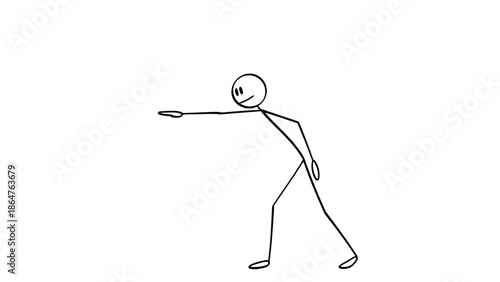 Stick Figure Leaning Forward Pointing with One Arm Extended Indicating Direction on an Isolated White Background