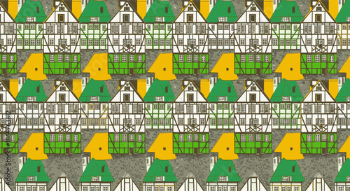 A vibrant, repeating pattern of stylized European timber-frame houses in green, yellow, and white creates a unique architectural design.