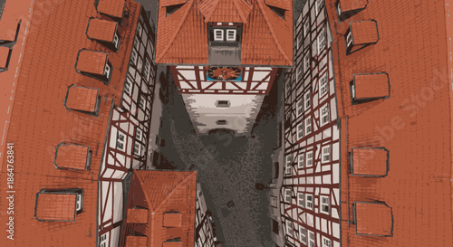 A stunning aerial view captures a narrow European street, bordered by traditional timber-framed buildings adorned with vibrant red tile roofs, evoking historical ambiance.